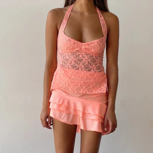 Sexy Halter Lace See Through Crop Top for Women Summer Backless Party Club Vest Tank Top Y2K Fashion Basic T-Shirt